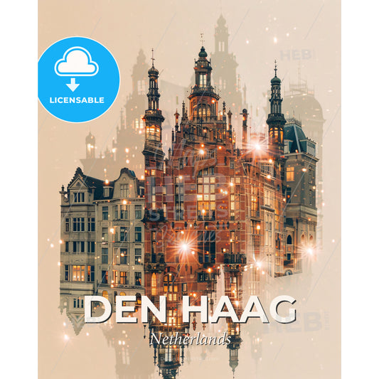 The Hague City Icons Double Exposure Composite - A building with many windows - Square format print template