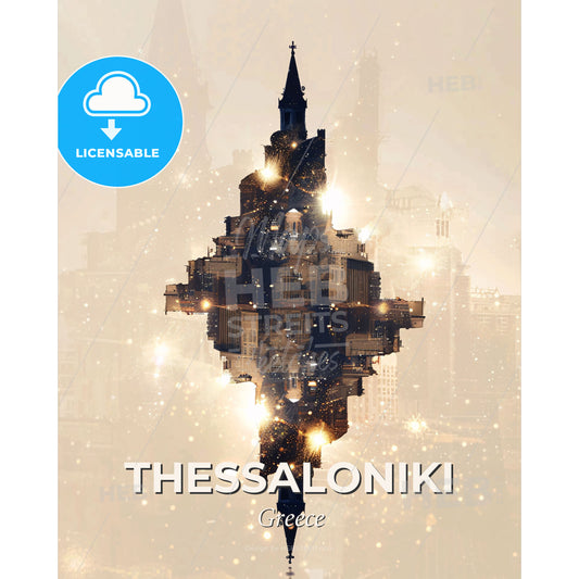 Thessaloniki, Greece: Skyline Silhouette Poster Art - A building with a tower and a spire - Square format print template