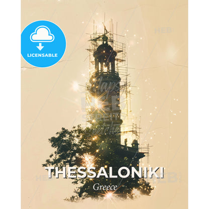 Thessaloniki City Skyline Silhouettes with Backlights - A tower with scaffolding around it - Square format print template