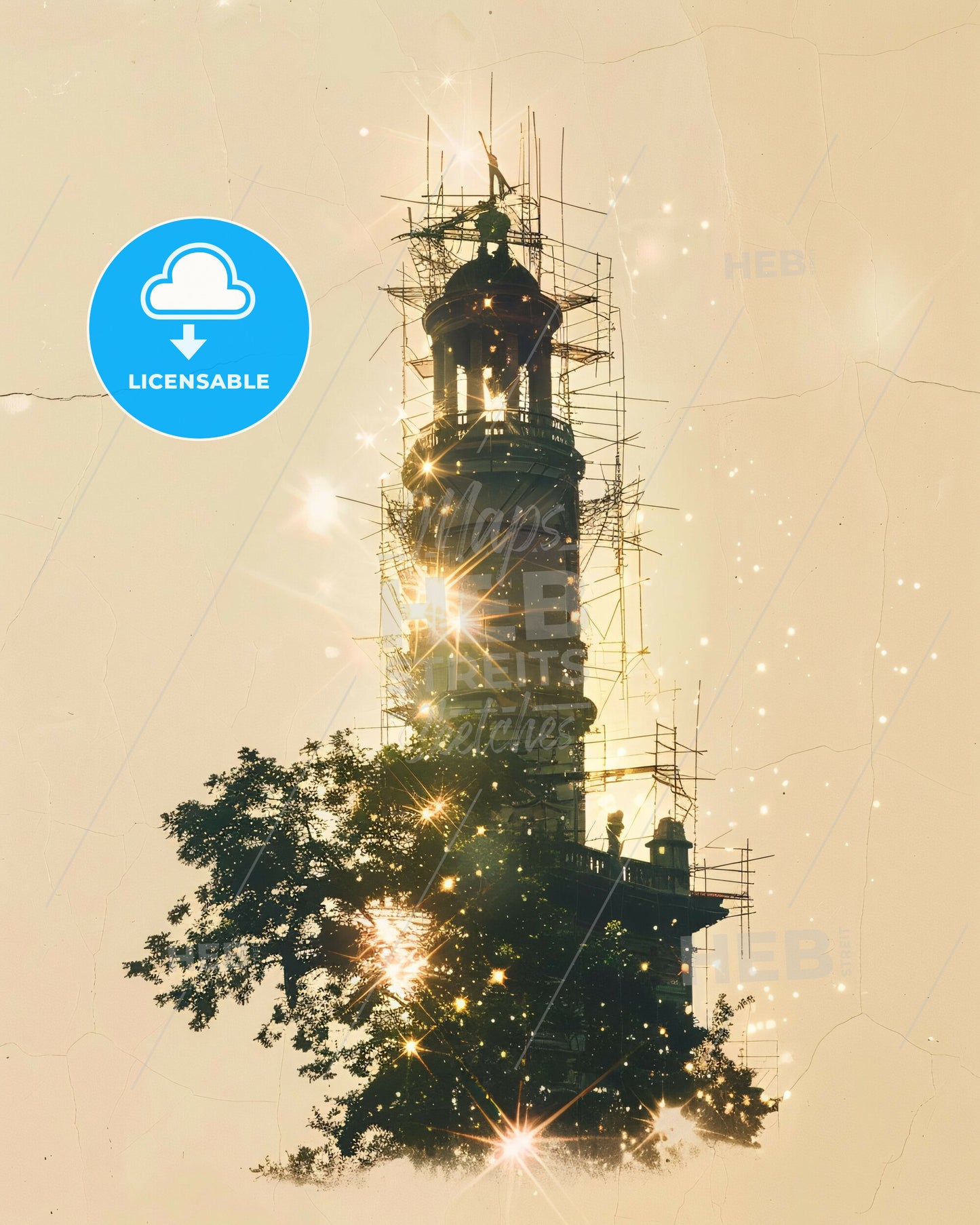 Thessaloniki City Skyline Silhouettes with Backlights - A tower with scaffolding around it