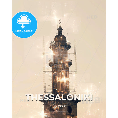 Thessaloniki Skyline Splendor: Double Exposure Art Masterpiece - A tower with scaffolding around it - Square format print template