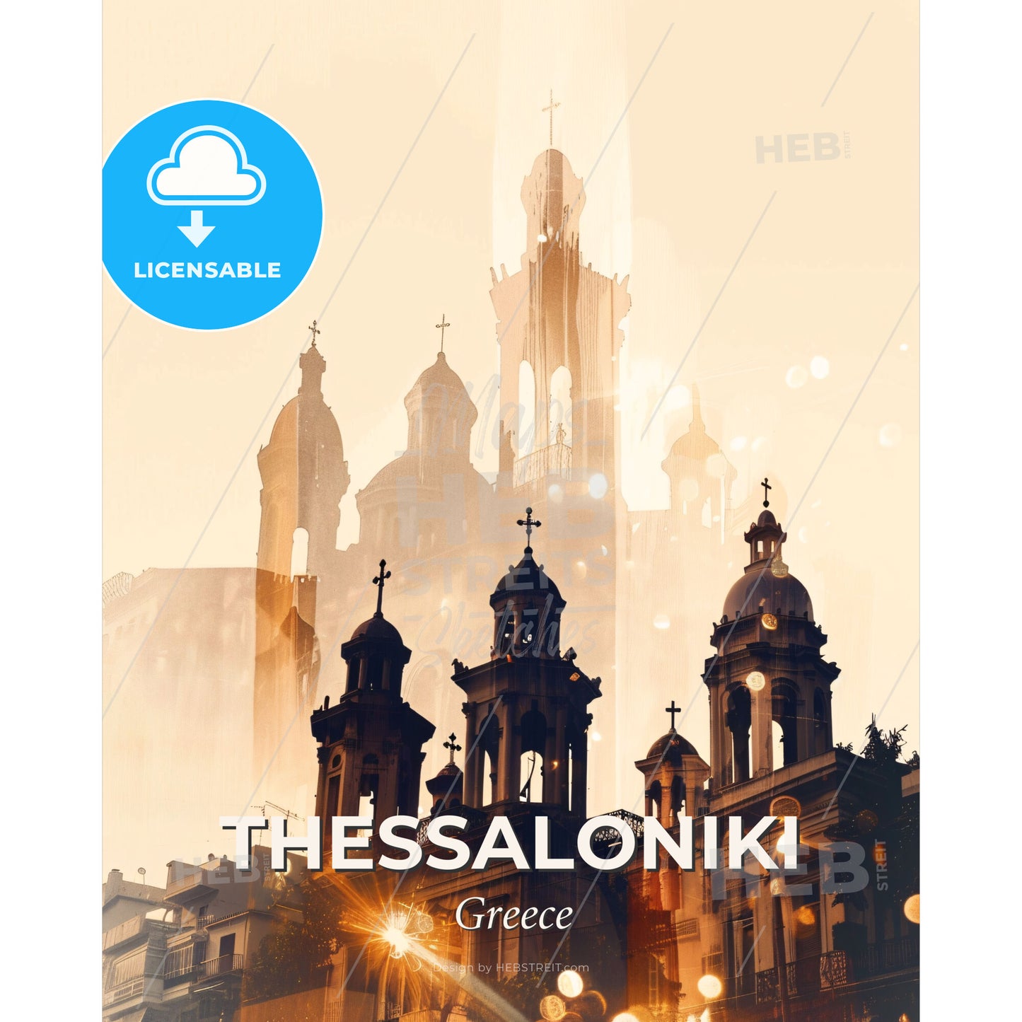 Thessaloniki Skyline Composite Art Poster - A building with a cross on top - Square format print template