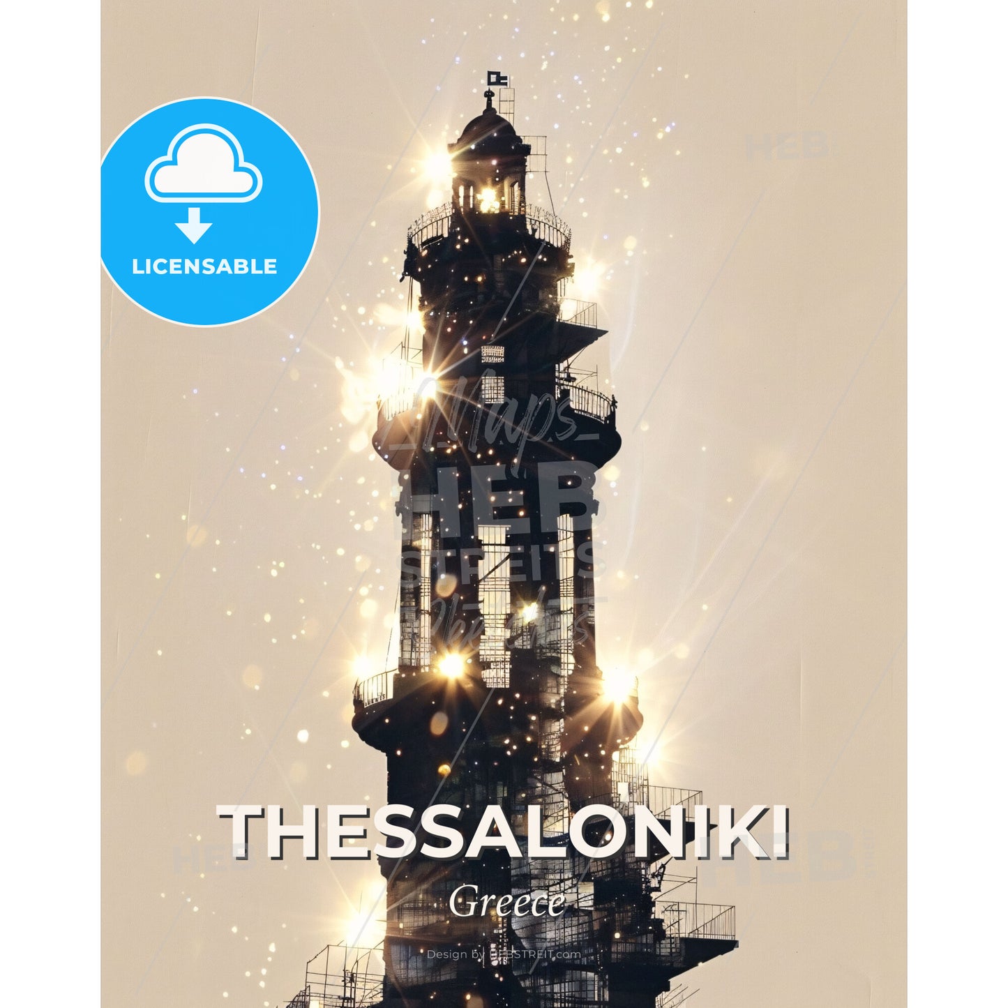 Thessaloniki Skyline Silhouette Poster, Beige Background - A tall tower with lights - Square format print template
