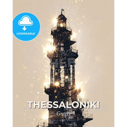 Thessaloniki Skyline Silhouette Poster, Beige Background - A tall tower with lights - Square format print template