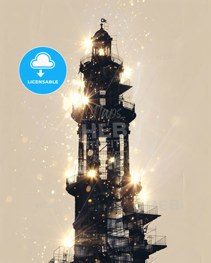 Thessaloniki Skyline Silhouette Poster, Beige Background - A tall tower with lights