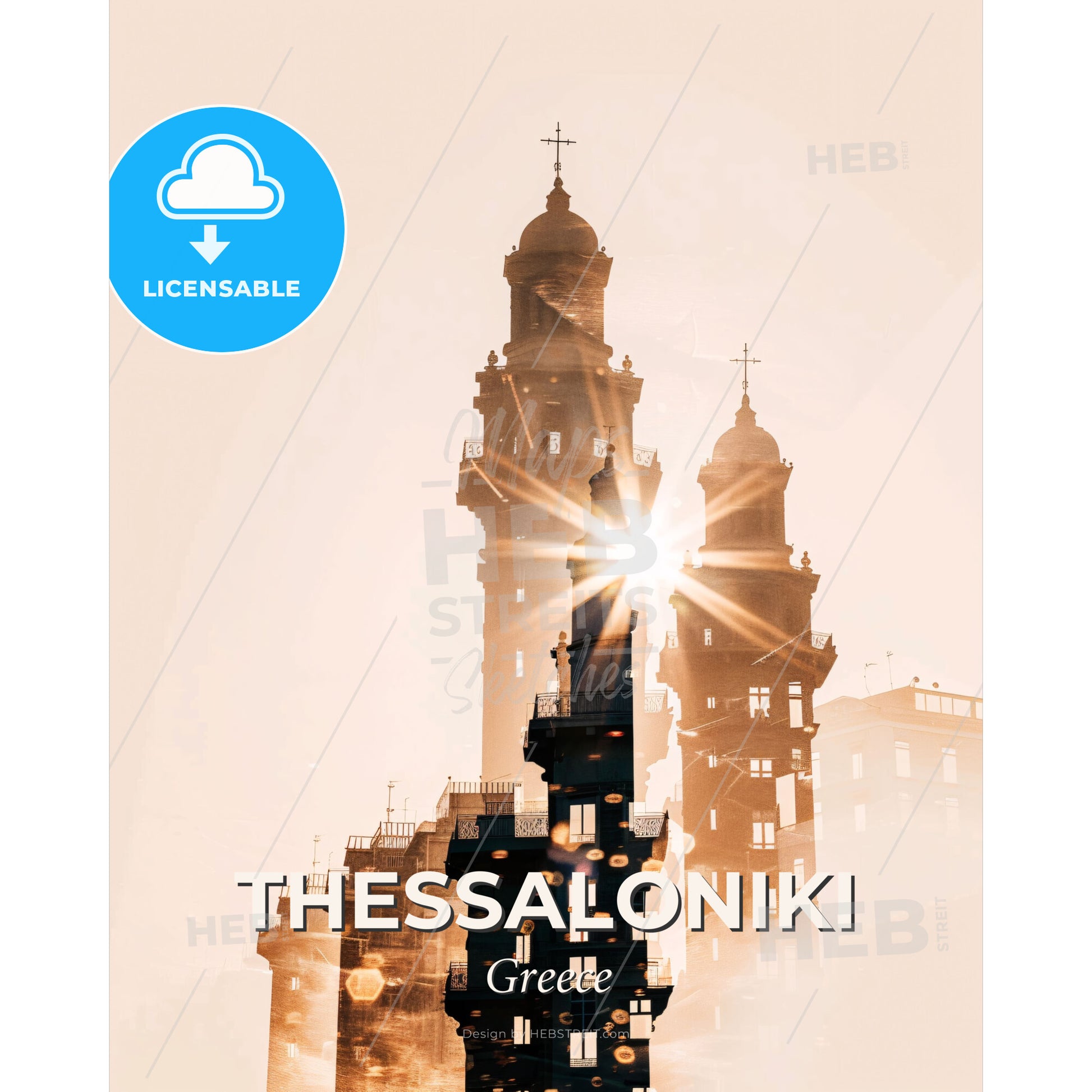Thessaloniki Skyline: Iconic Silhouette Composite Art - Sun shining through the sun over a tall building - Square format print template