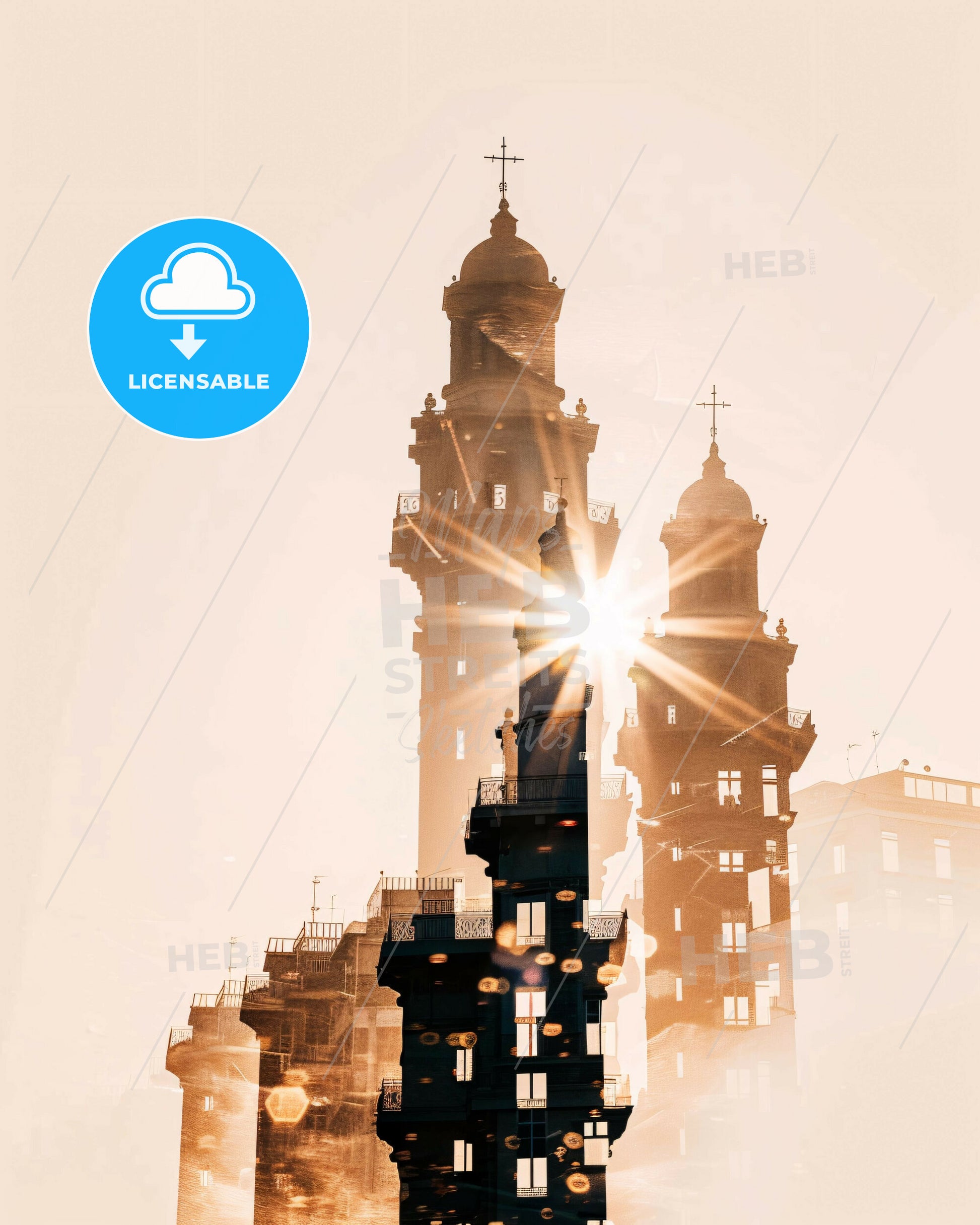 Thessaloniki Skyline: Iconic Silhouette Composite Art - Sun shining through the sun over a tall building