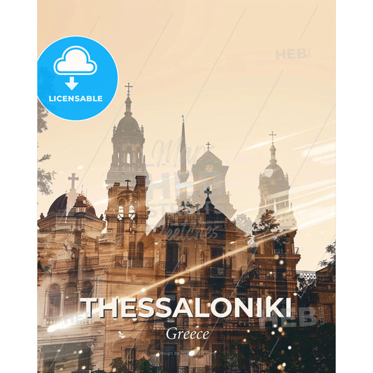 Thessaloniki Skyline Double Exposure Art Poster - A building with towers and trees - Square format print template