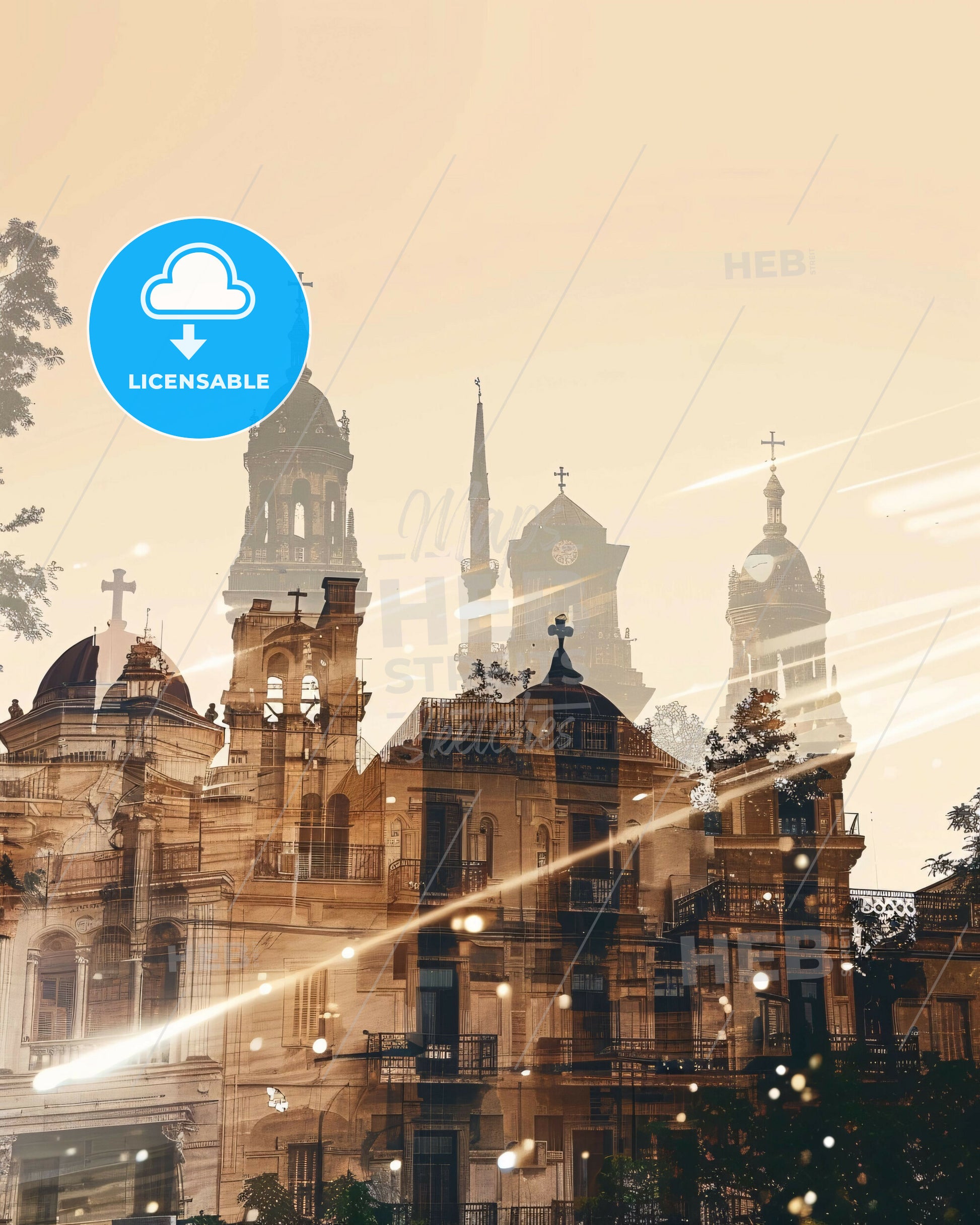 Thessaloniki Skyline Double Exposure Art Poster - A building with towers and trees