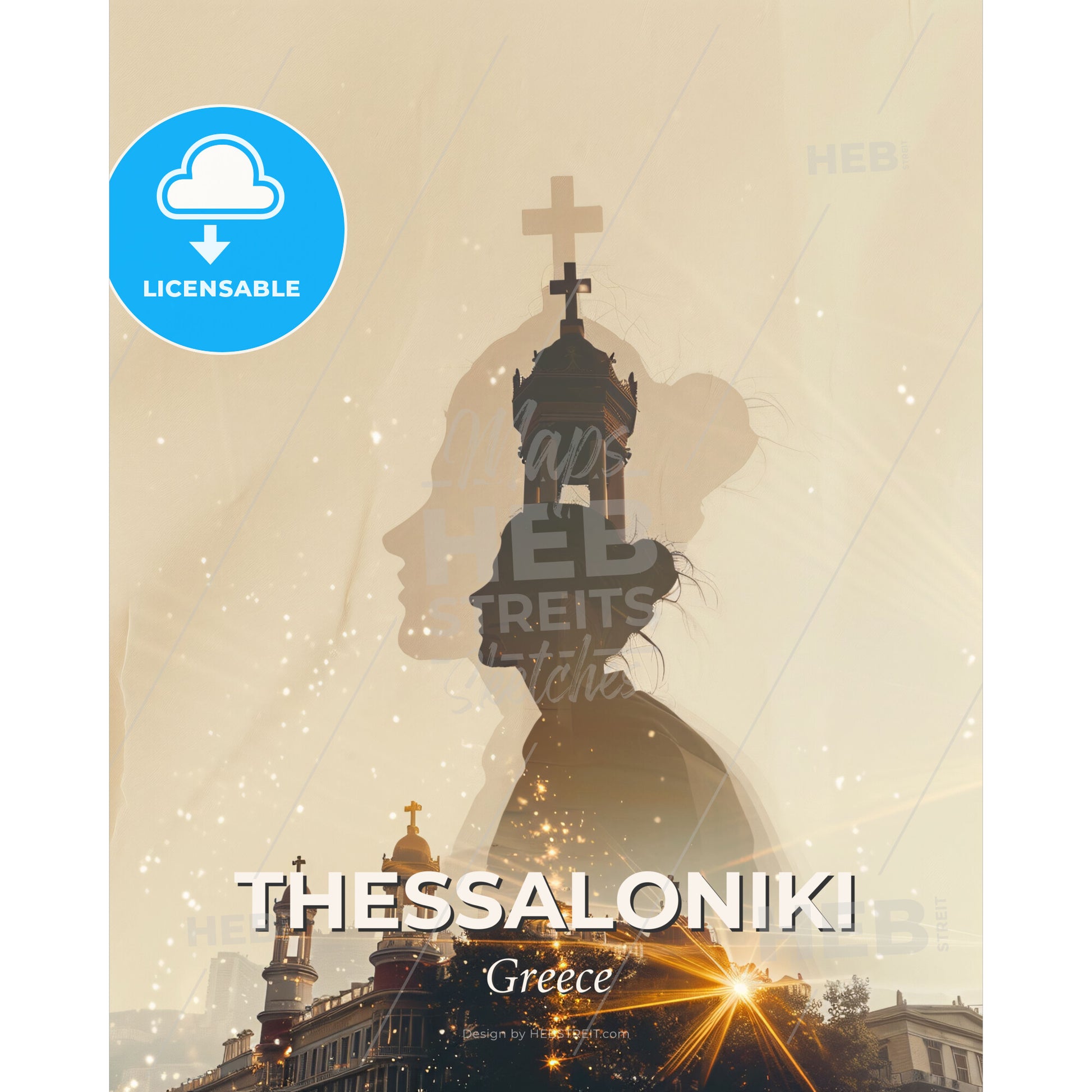 Thessaloniki Skyline Double Exposure Night - A double exposure of a woman and a woman with a cross on top of a building - Square format print template