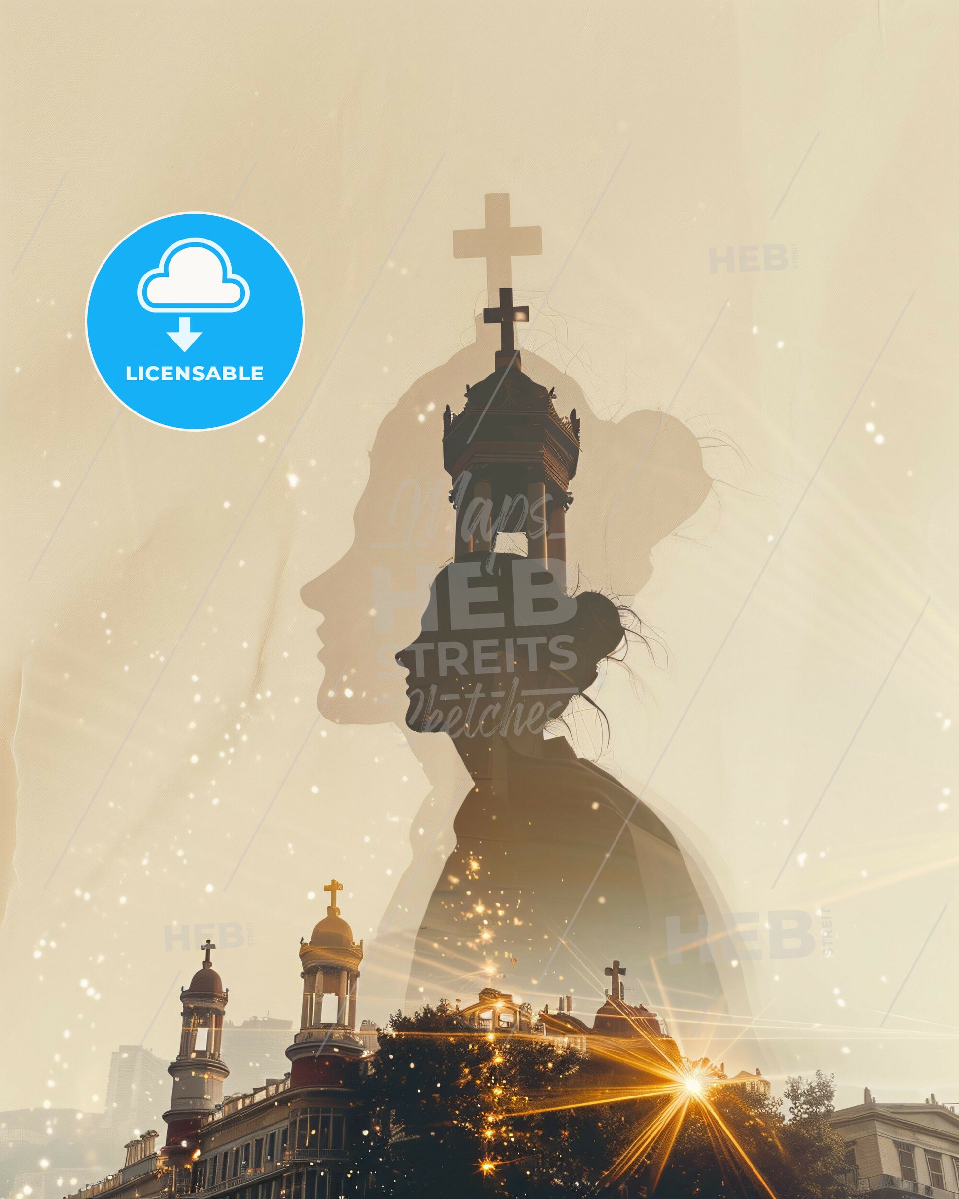 Thessaloniki Skyline Double Exposure Night - A double exposure of a woman and a woman with a cross on top of a building