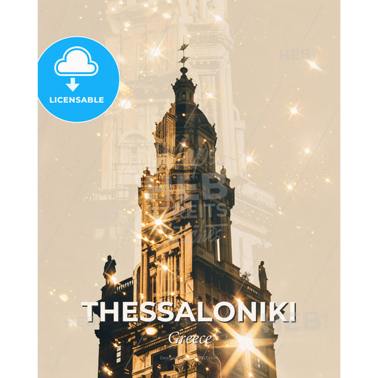 Thessaloniki City Skyline Double Exposure Poster - A tall building with a tower and stars - Square format print template