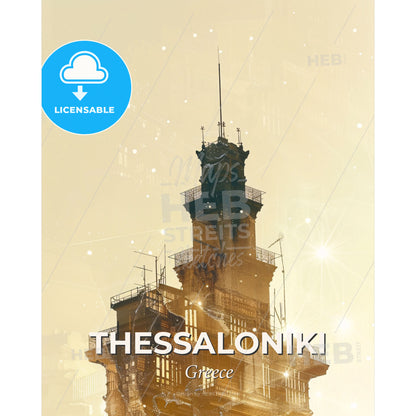 Thessaloniki City Silhouette Art on Beige - A building with a tower - Square format print template