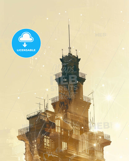 Thessaloniki City Silhouette Art on Beige - A building with a tower