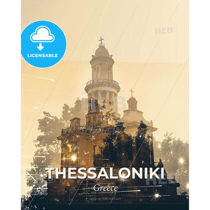 Thessaloniki Skyline Silhouette Poster Art - A building with a tower and a cross - Square format print template