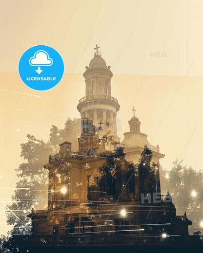 Thessaloniki Skyline Silhouette Poster Art - A building with a tower and a cross