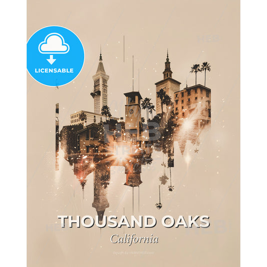 Thousand Oaks Skyline Composite Art on Beige - A city with a reflection of a building - Square format print template