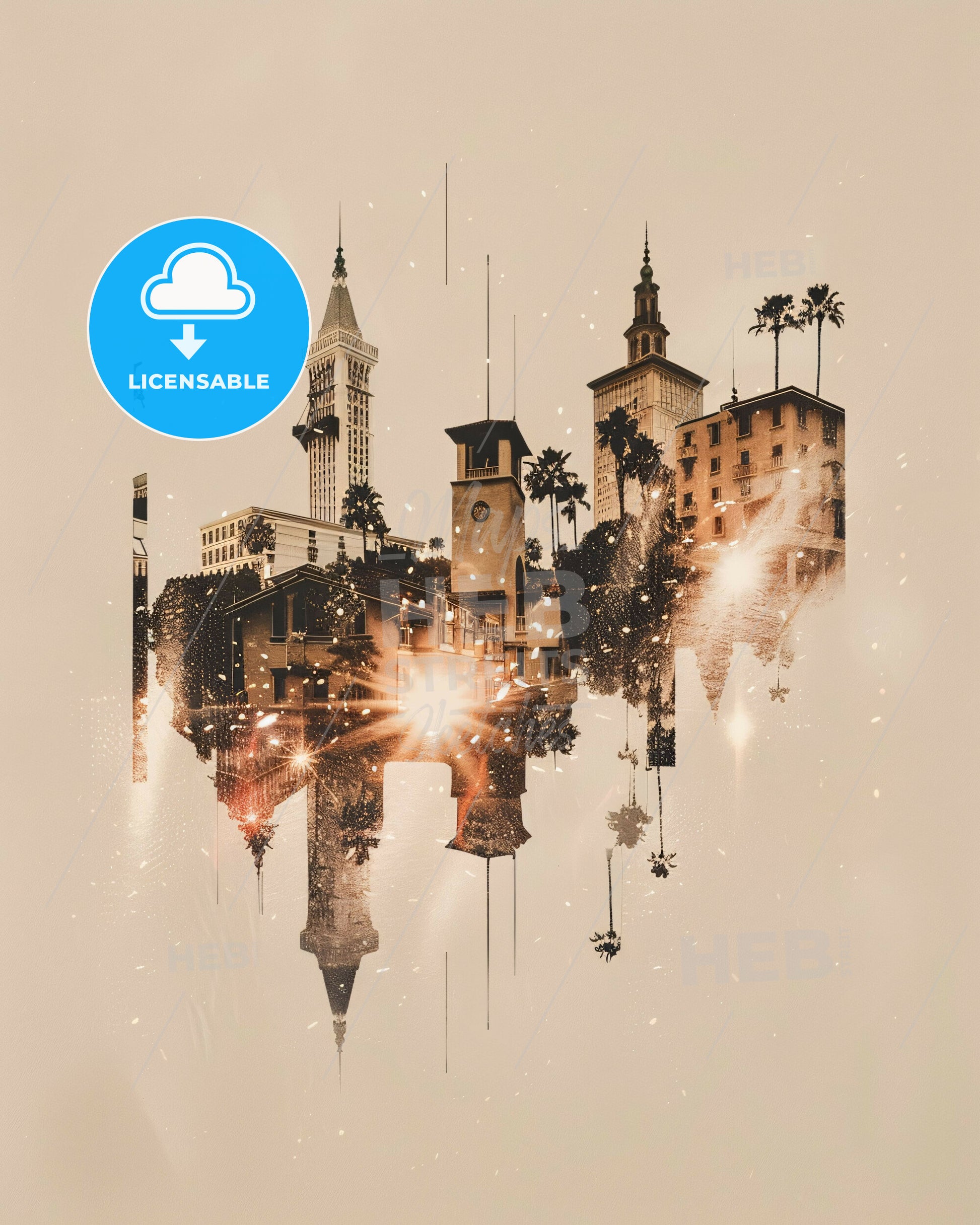 Thousand Oaks Skyline Composite Art on Beige - A city with a reflection of a building