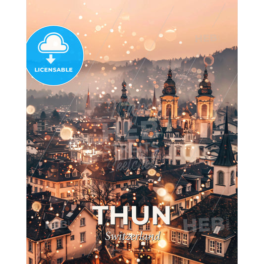 Thun City Dreamscape: Local Landmarks in Double Exposure Art - A city with many buildings and snow - Square format print template