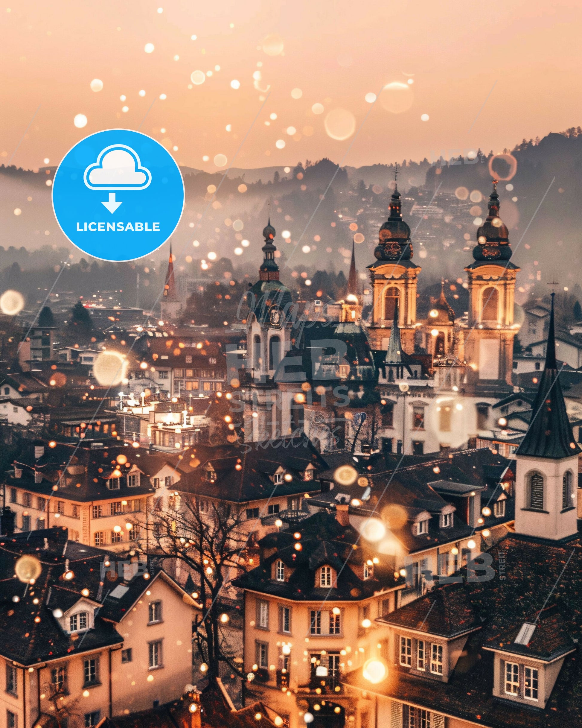 Thun City Dreamscape: Local Landmarks in Double Exposure Art - A city with many buildings and snow