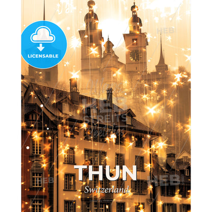 Thun Skyline Composite Art Poster: Double Exposure Beige - A building with a clock tower and a clock tower - Square format print template
