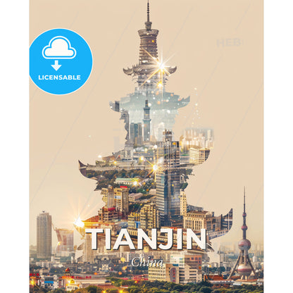 Tianjin Skyline Composite Art Poster - City Lights Sparkle - A cityscape with a tower - Square format print template