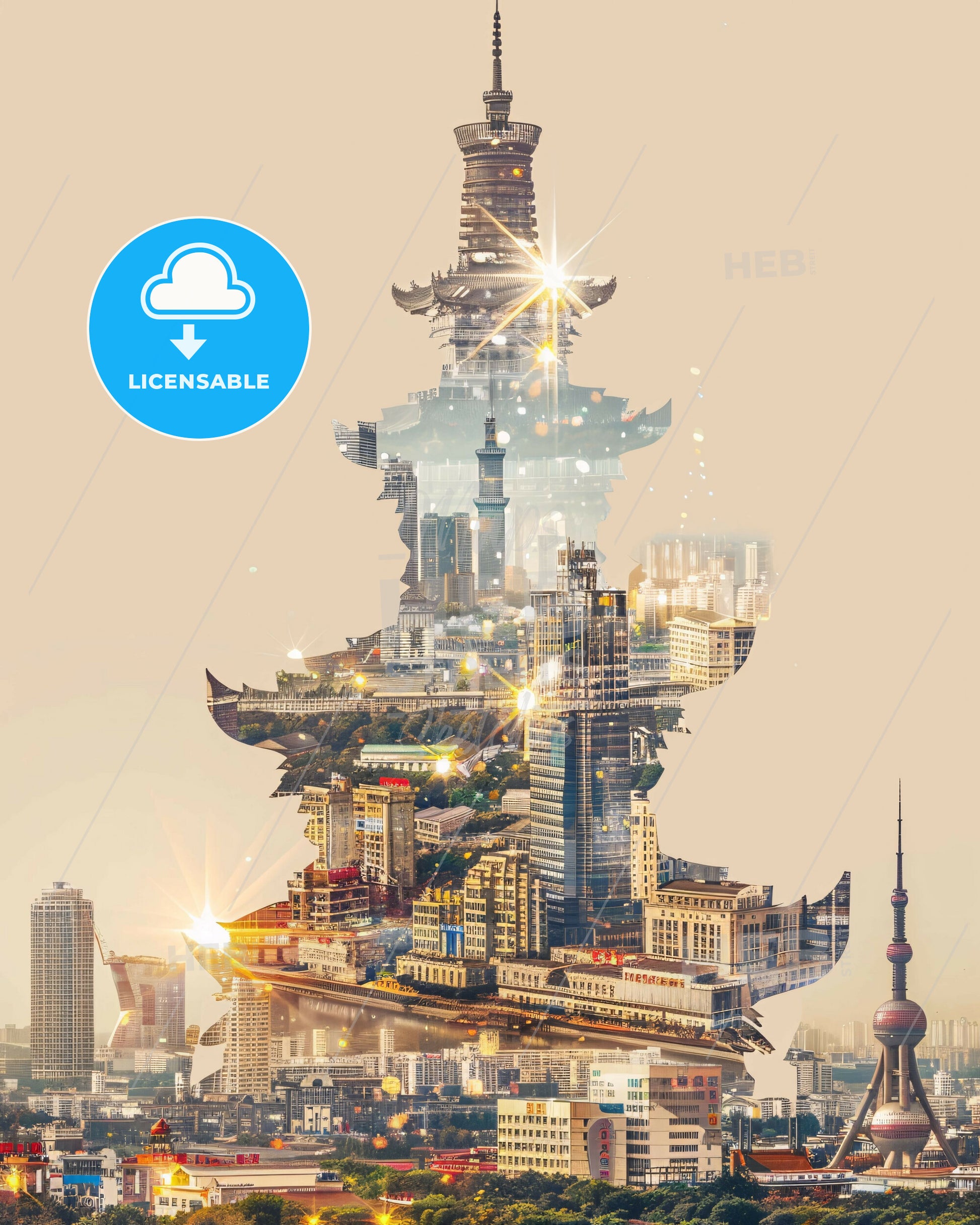 Tianjin Skyline Composite Art Poster - City Lights Sparkle - A cityscape with a tower