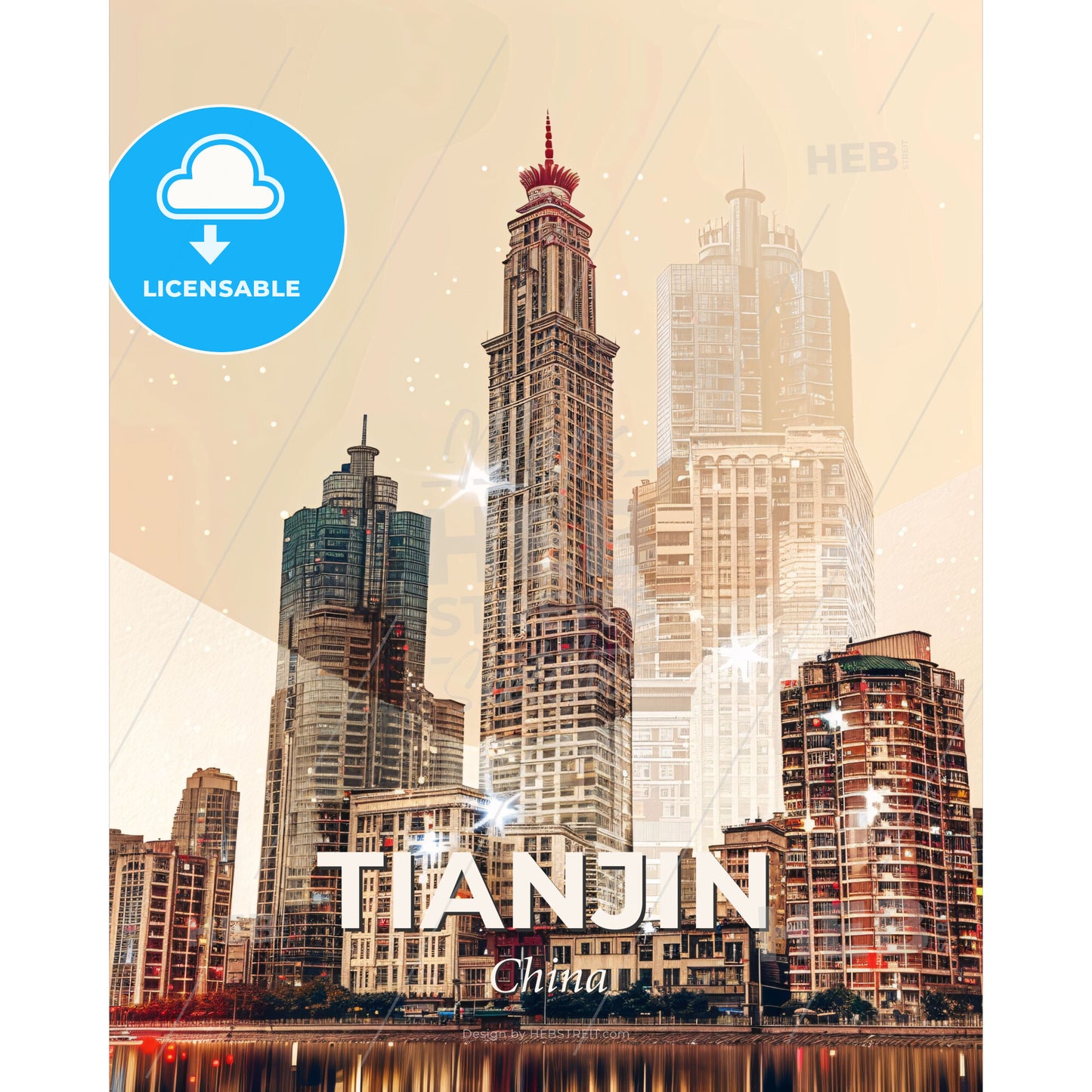 Tianjin Cityscape Art Deco Double Exposure - A city skyline with many tall buildings - Square format print template