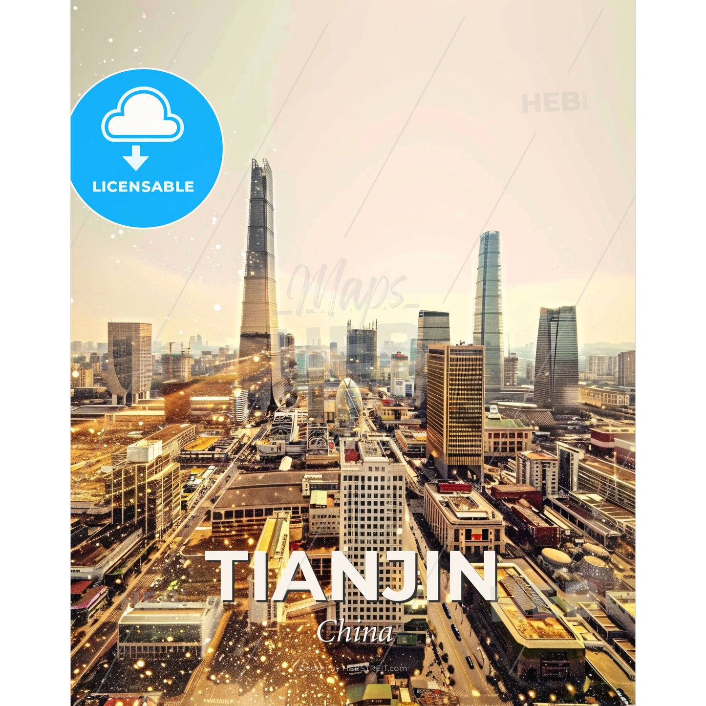 Tianjin Skyline Double Exposure Art Poster - A city with many tall buildings - Square format print template