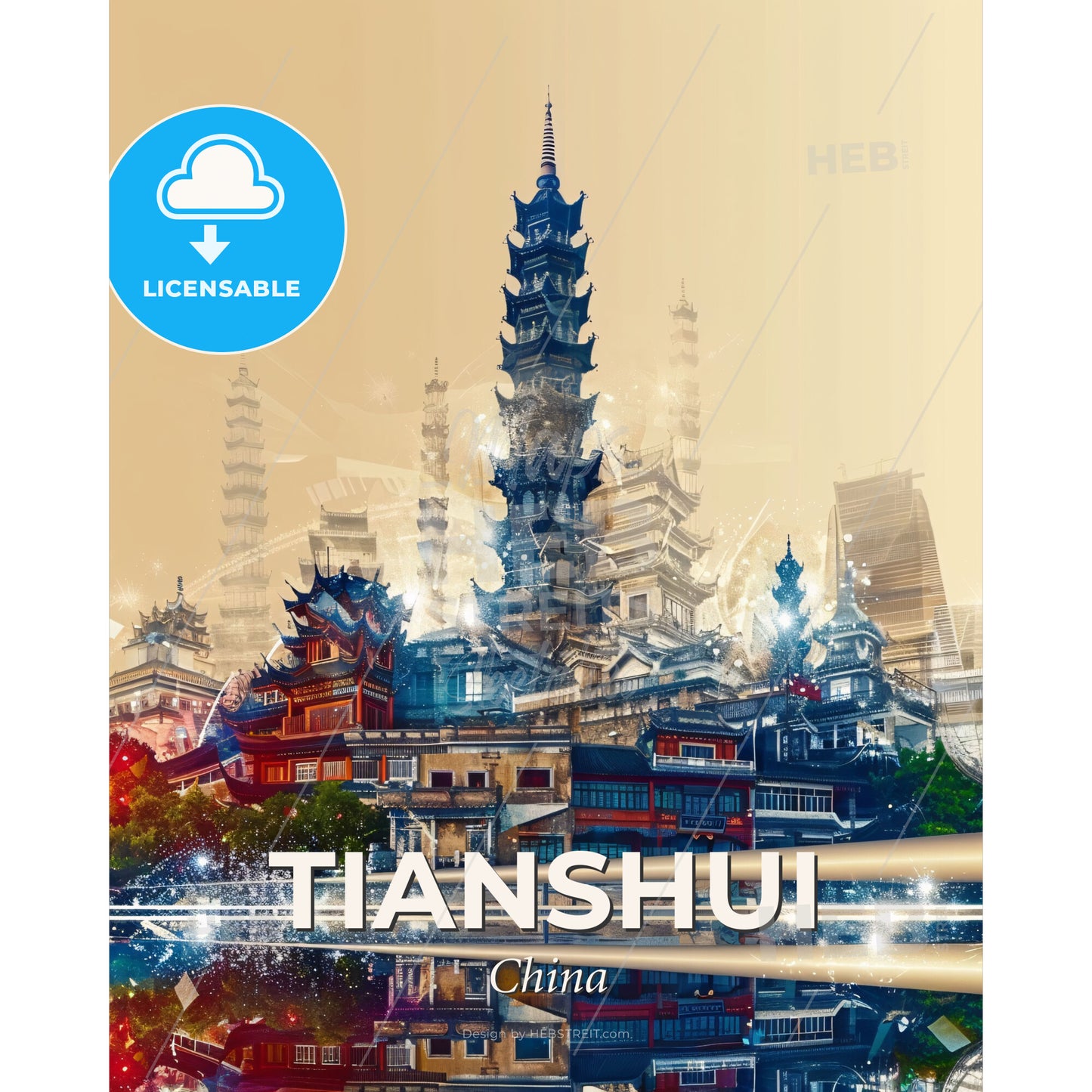 Tianshui Composite Cityscape Bright Sparks - A city with a tall tower - Square format print template