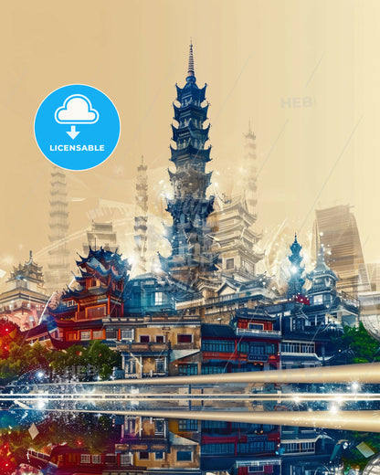 Tianshui Composite Cityscape Bright Sparks - A city with a tall tower