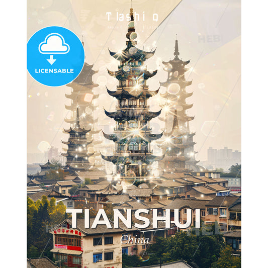Tianshui Timeless Architecture Sparkle Composite - A group of tall buildings with lights - Square format print template