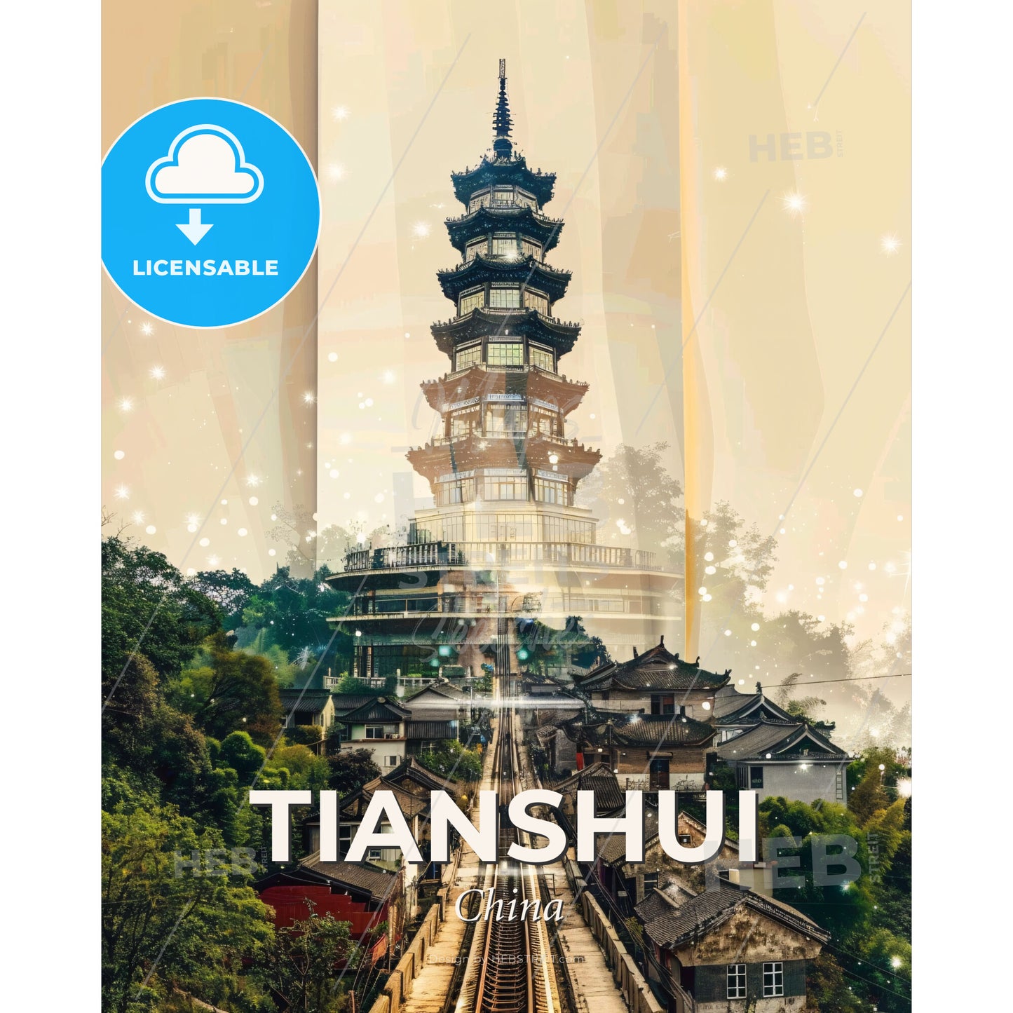 Tianshui Skyline: City Icons Artwork Bright Beige - A train tracks leading to a tall tower - Square format print template