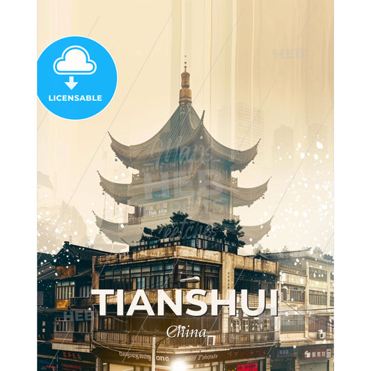 Tianshui Skyline: City Lights and Local Lore - A building with a pagoda roof - Square format print template