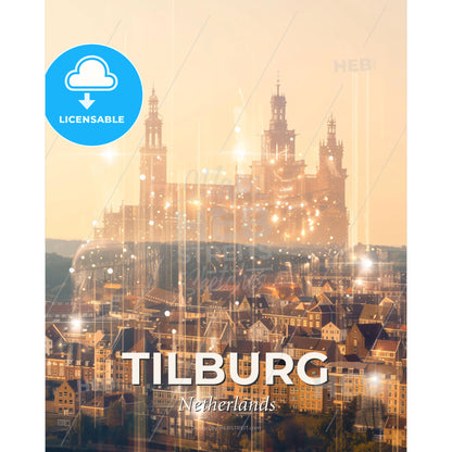 Tilburg City Silhouette Skyline Art Poster - A city with many buildings and a castle - Square format print template