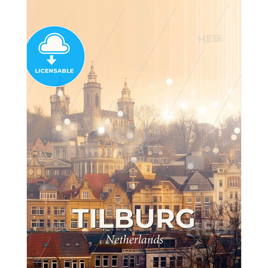 Tilburg Skyline Composite Art | Beige Paper | Minimalist Sparkle - A group of buildings with a castle in the background - Square format print template