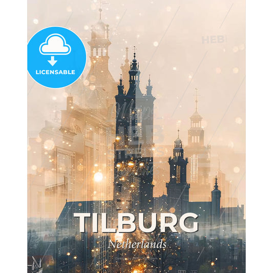 Tilburg Skyline Double Exposure Art Poster - A city skyline with many buildings - Square format print template