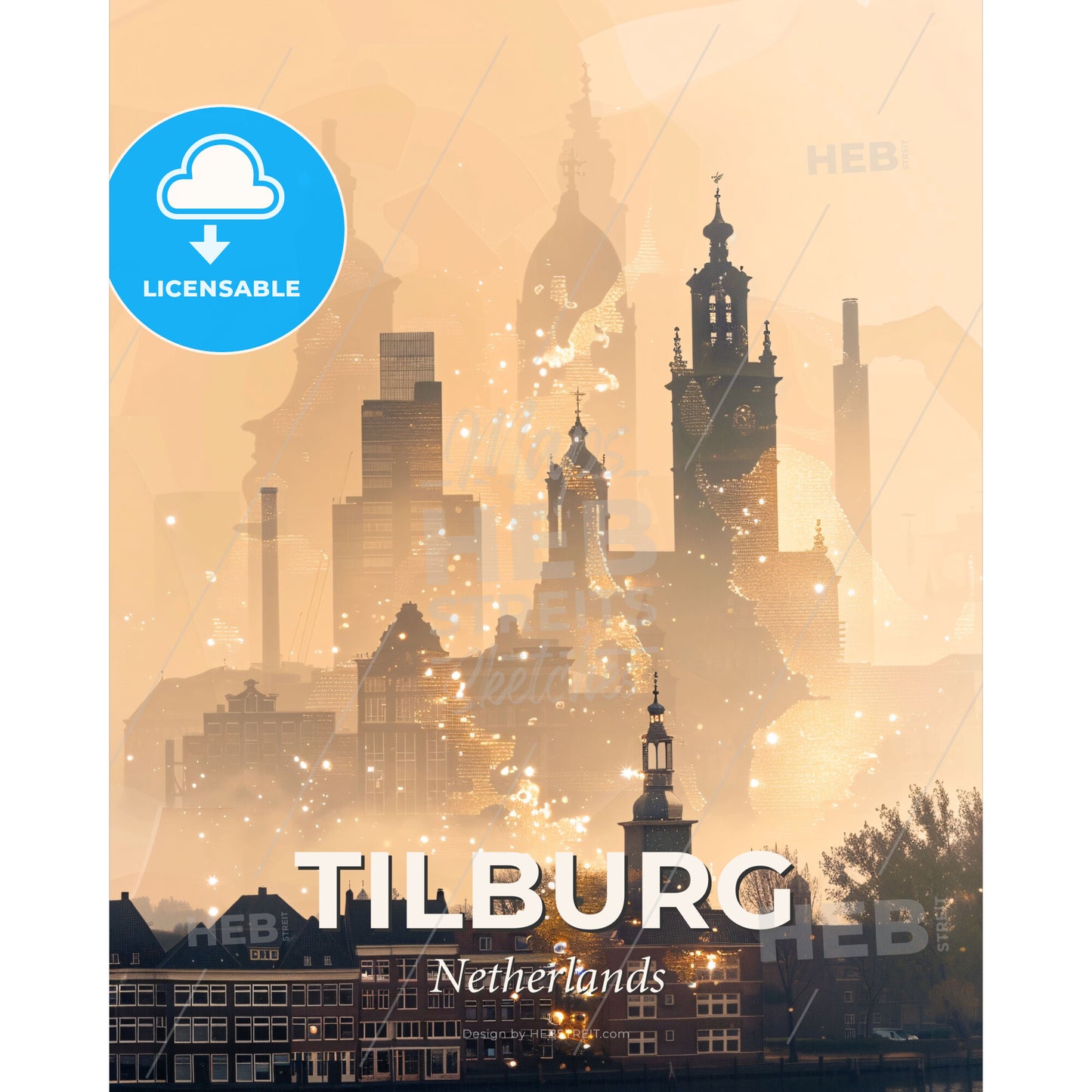 Tilburg City Skyline Architecture Art Print - A city with many towers and buildings - Square format print template