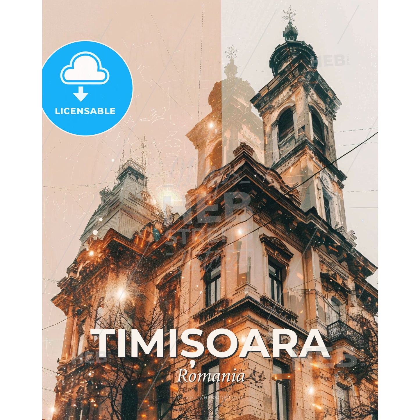 TimiÈ™oara City Skyline Art Poster - A building with a tower - Square format print template