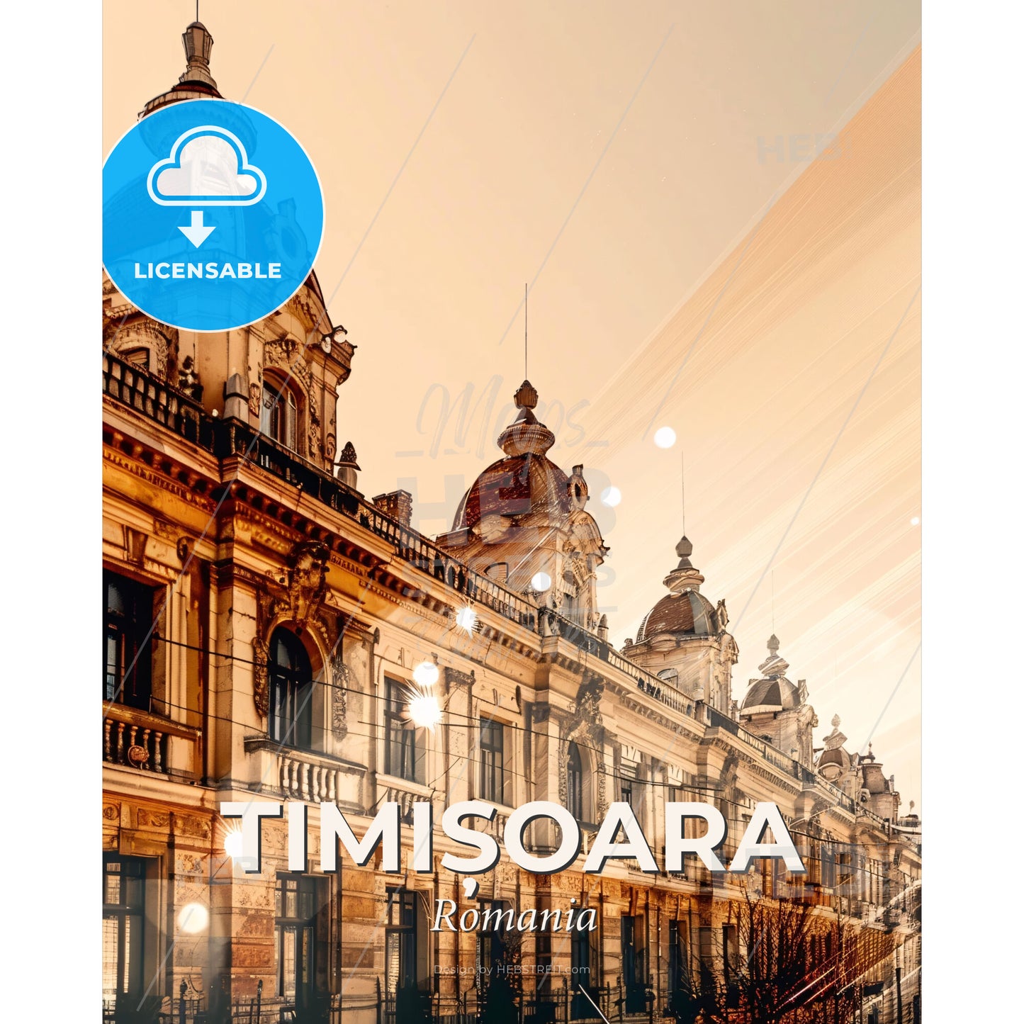 TimiÈ™oara Skyline Cityscape Bright Beige Poster - A building with a lot of lights - Square format print template