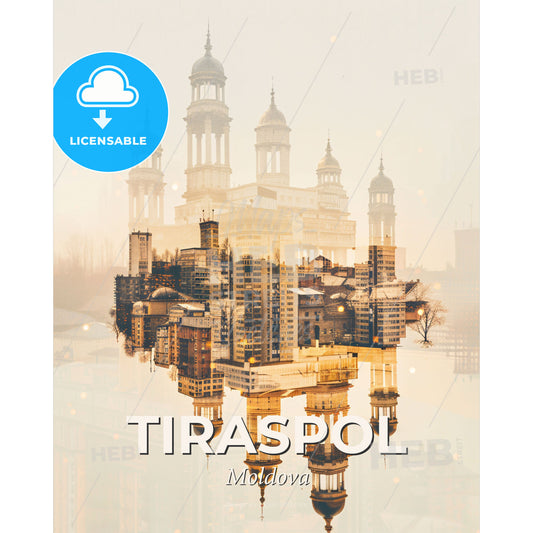 Tiraspol City Skyline Composite Poster Decor - A city with towers and towers reflected in water - Square format print template