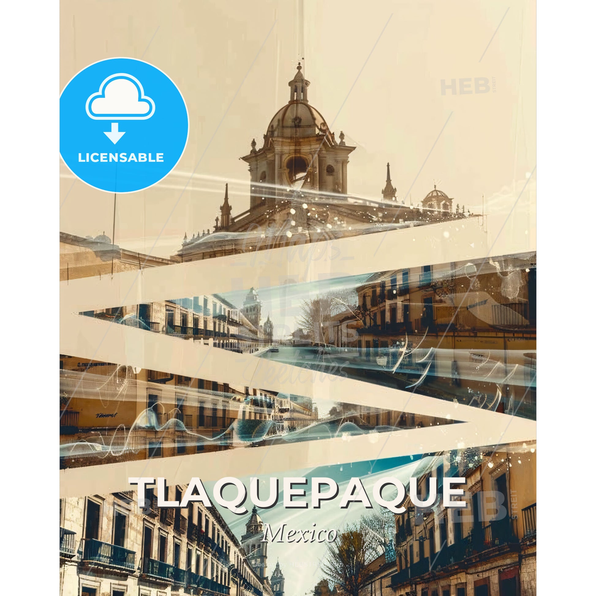 Tlaquepaque: Bright City Lights Dance - A collage of buildings and a church - Square format print template