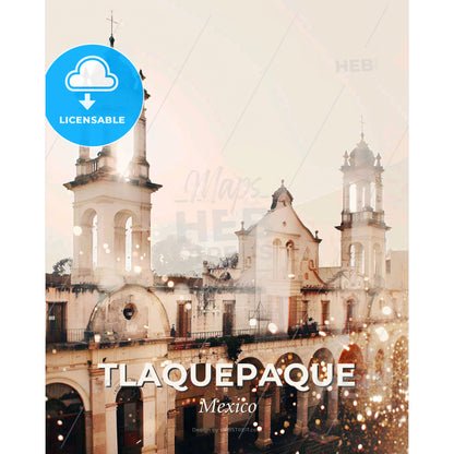 Tlaquepaque City Skyline Art Poster with Sparkles - A building with a large tower - Square format print template