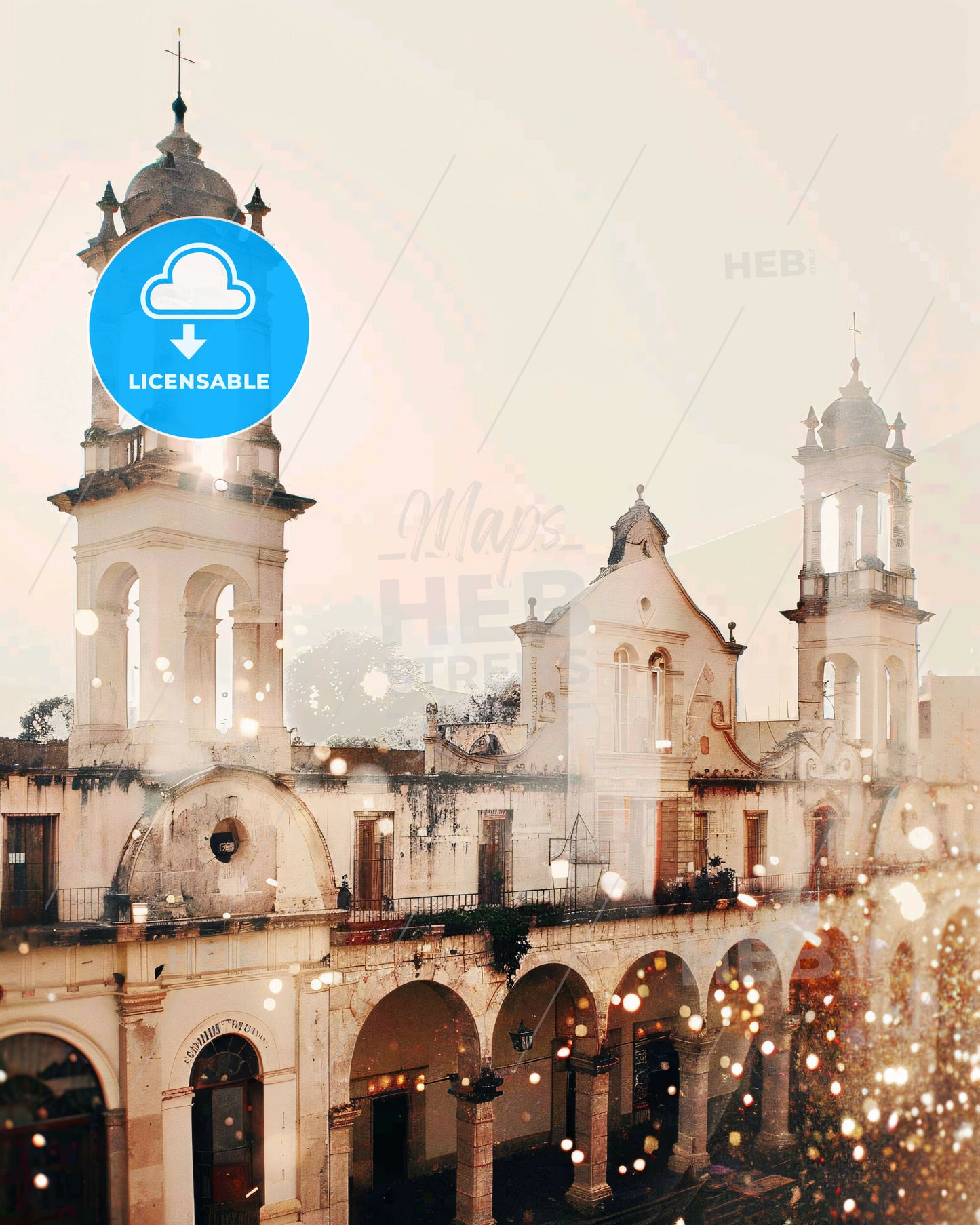 Tlaquepaque City Skyline Art Poster with Sparkles - A building with a large tower