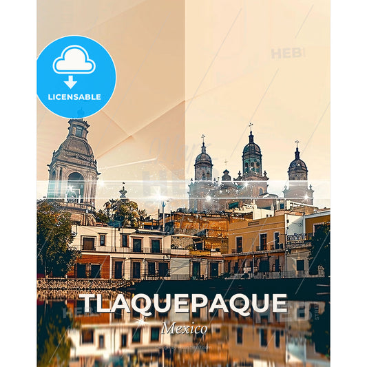 Tlaquepaque Skyline Art: Vibrant City Icons - A city with a body of water - Square format print template