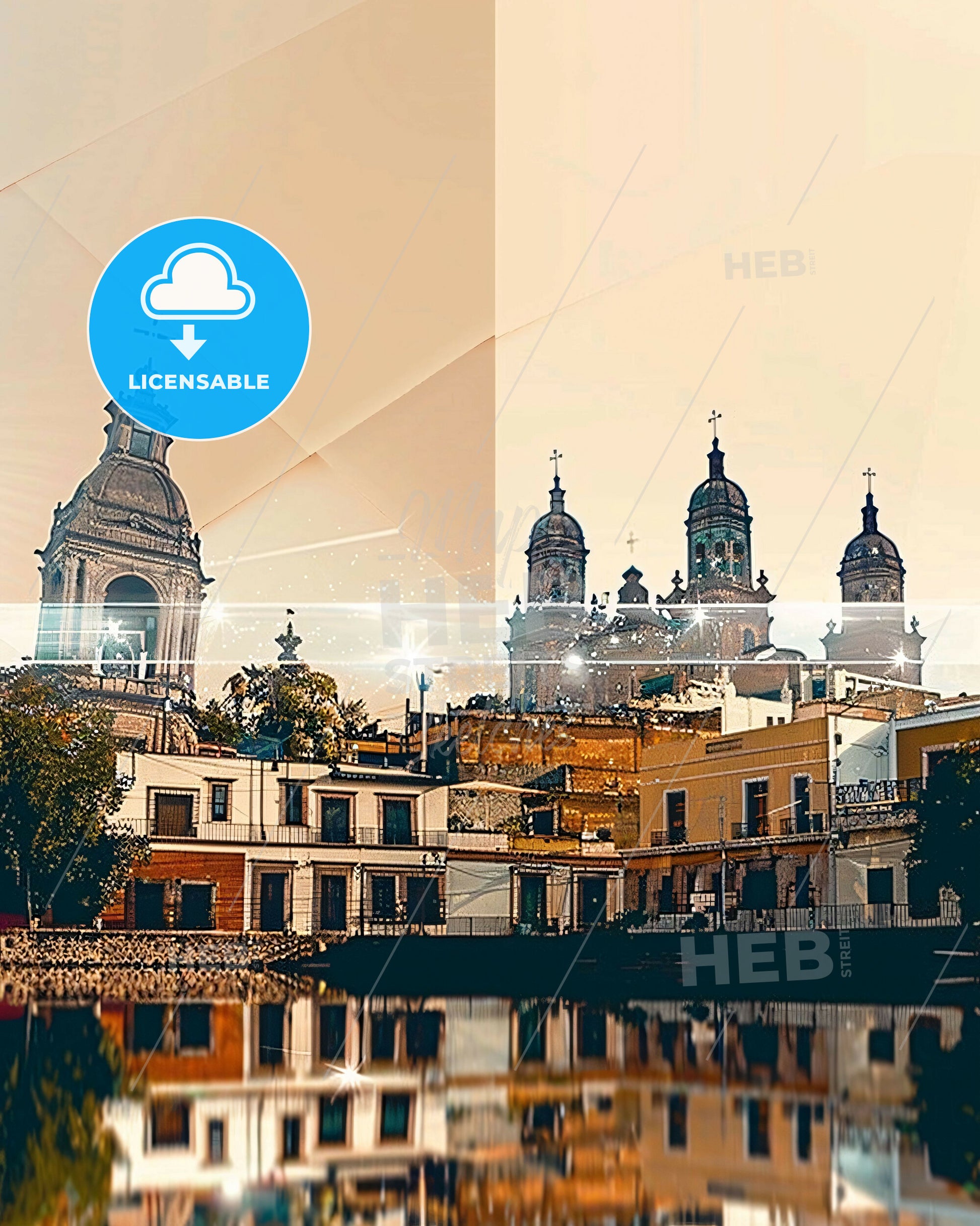 Tlaquepaque Skyline Art: Vibrant City Icons - A city with a body of water