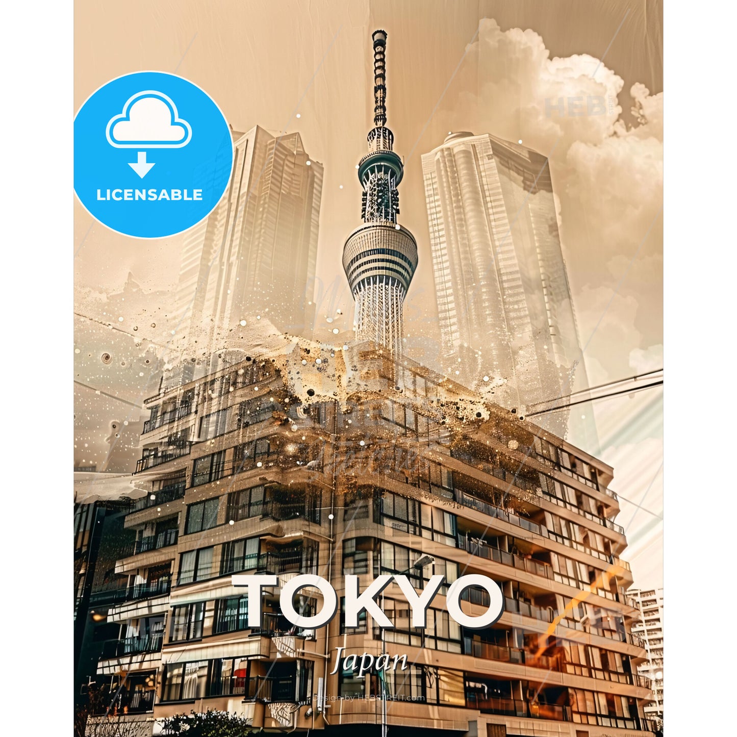 Tokyo Skyline Composite Art: Local Heritage in a Bright Beige - A tall building with a tower - Square format print template
