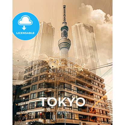 Tokyo Skyline Composite Art: Local Heritage in a Bright Beige - A tall building with a tower - Square format print template