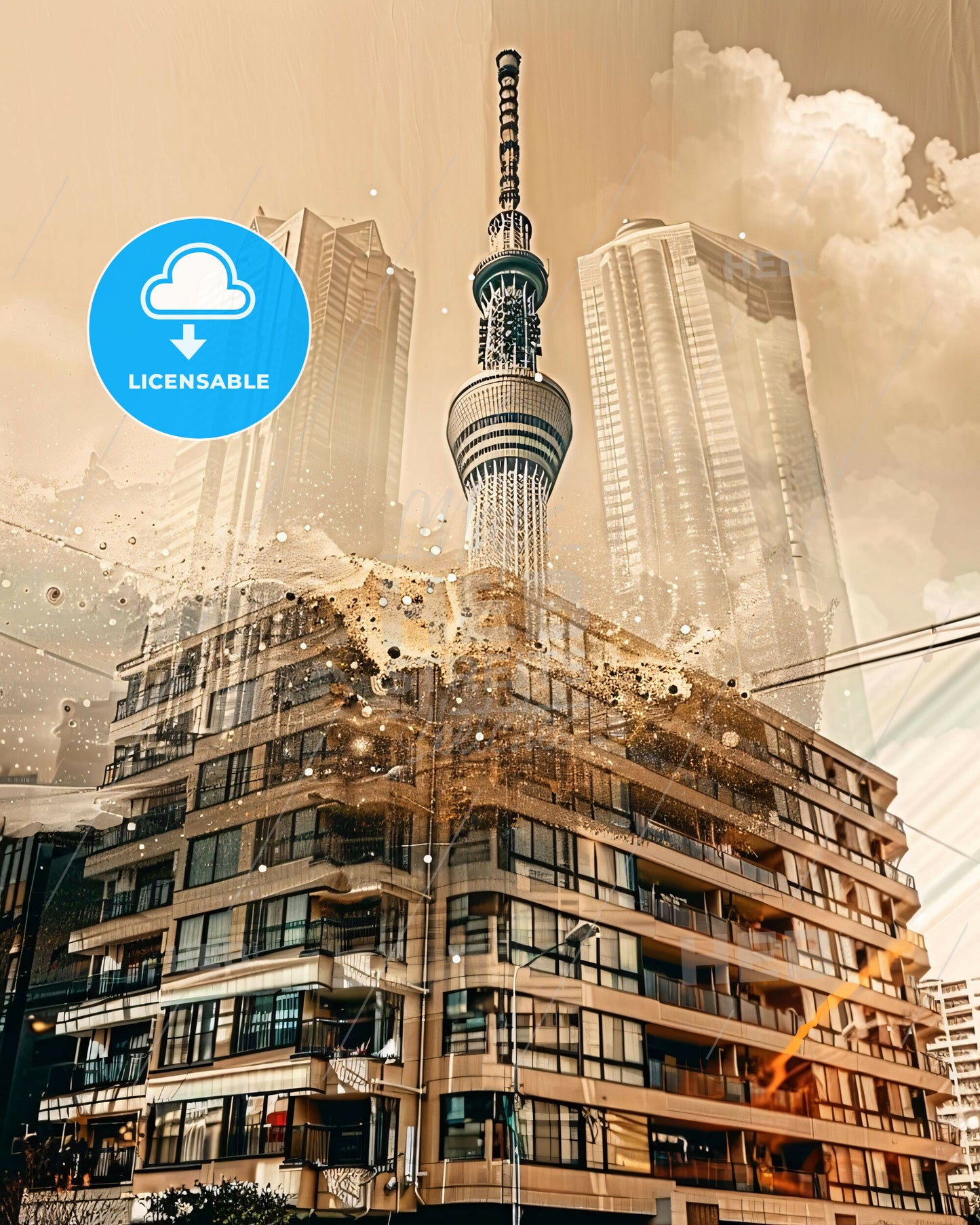 Tokyo Skyline Composite Art: Local Heritage in a Bright Beige - A tall building with a tower