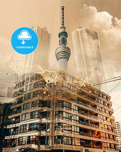 Tokyo Skyline Composite Art: Local Heritage in a Bright Beige - A tall building with a tower